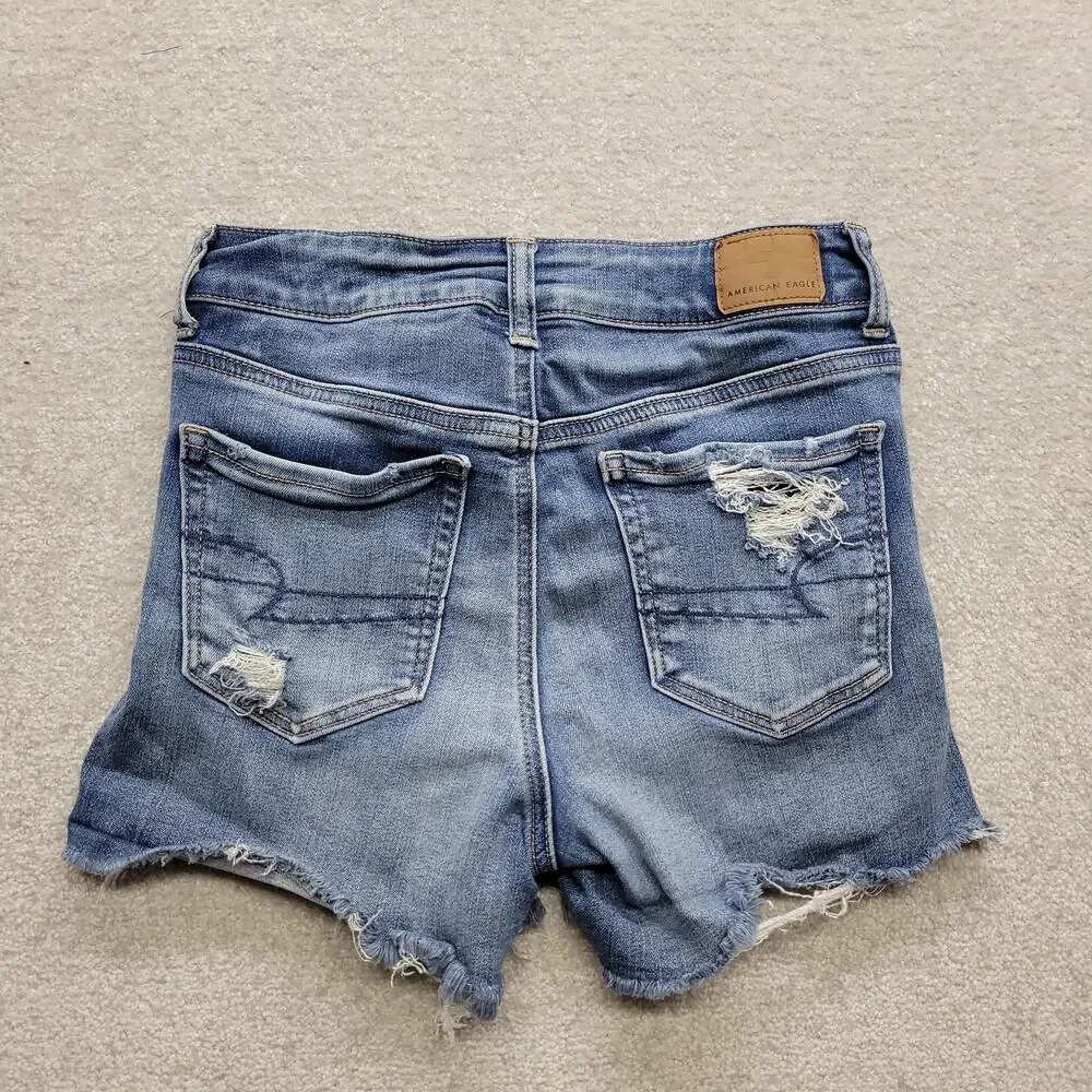 American Eagle Women Size 4 Hi Rise Shortie Distressed Denim Jean Shorts Stretch